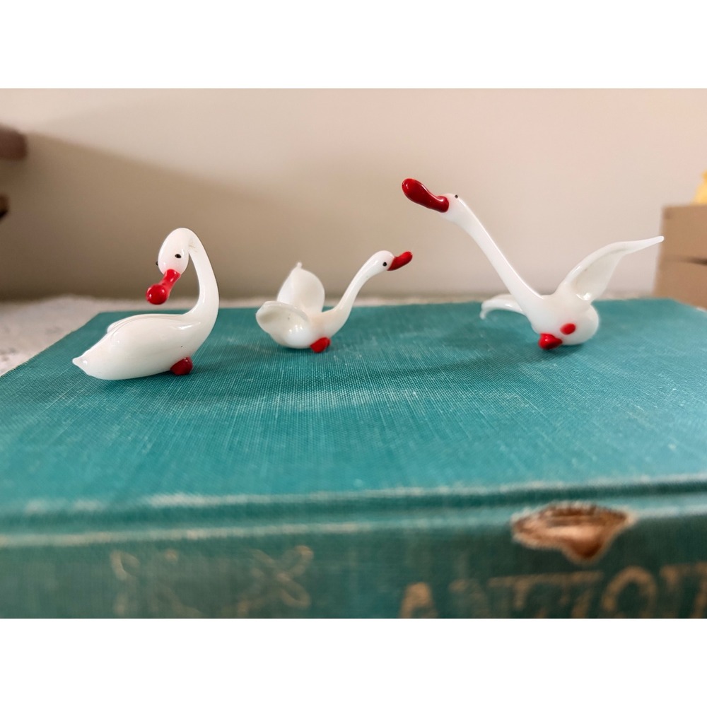 Vintage Miniature White Milk Glass Swan Figurines Set of 3 Red Accents Handblown
